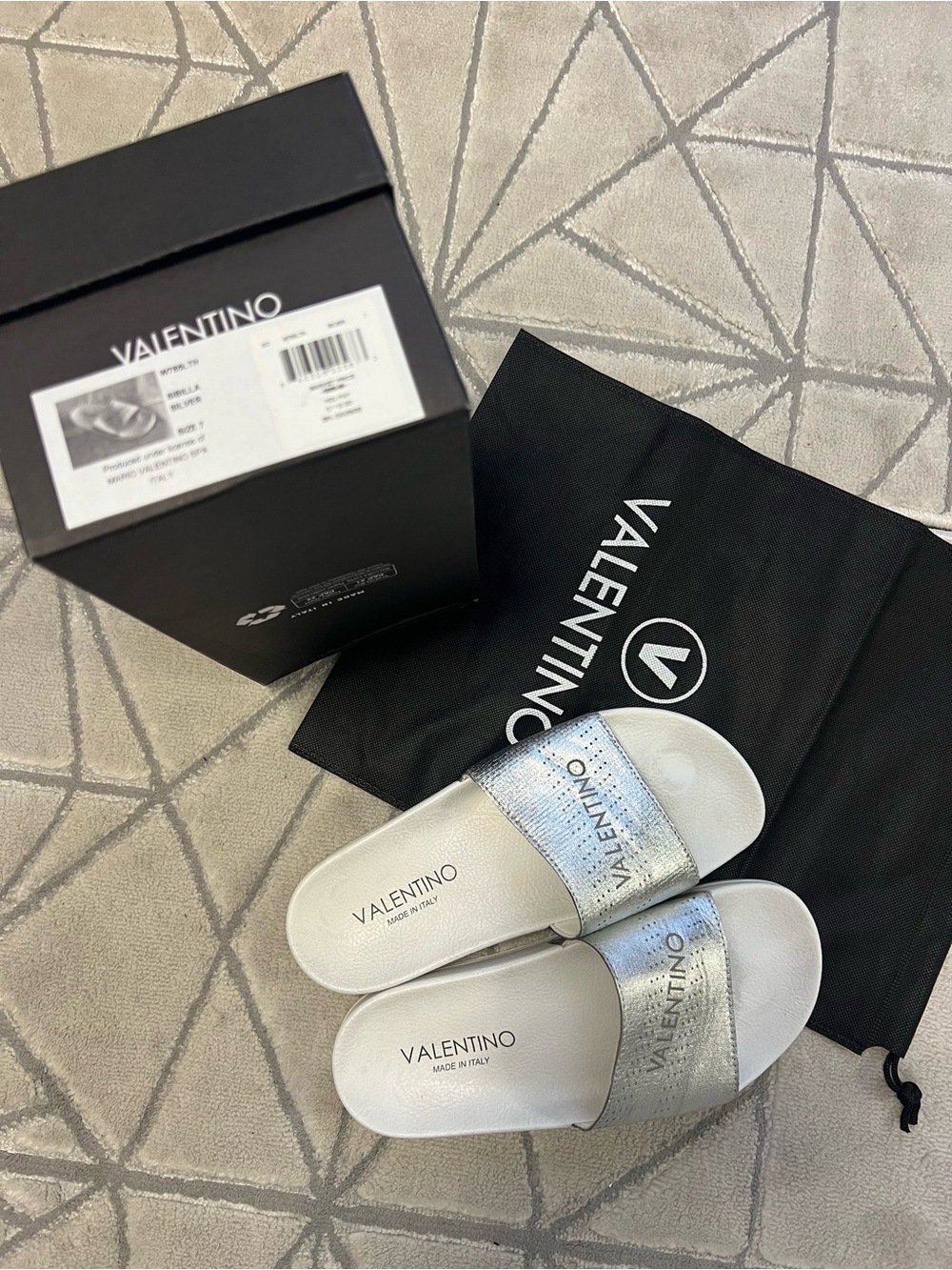 Valentino Silver Logo Slide Sandals